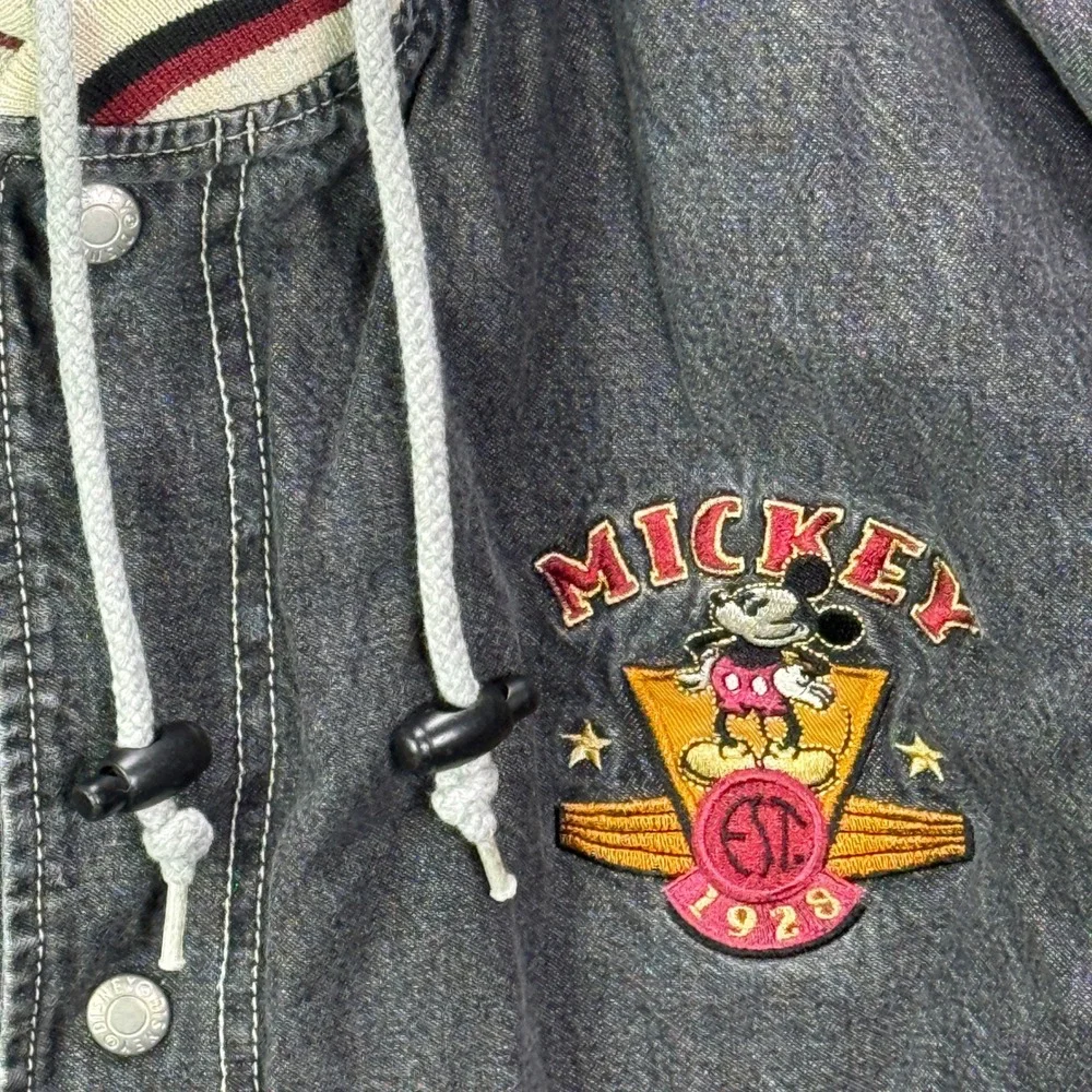 Vintage Disney Mickey Mouse Hooded Varsity Jacket Black Denim XL Bomber